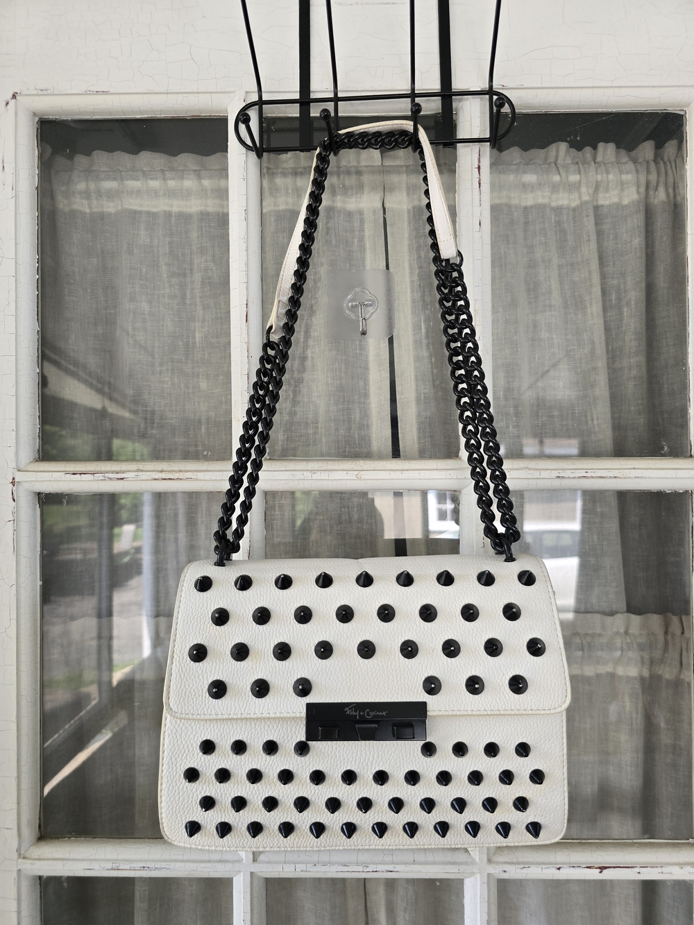 White Studded Crossbody Bag with Black Chain Strap